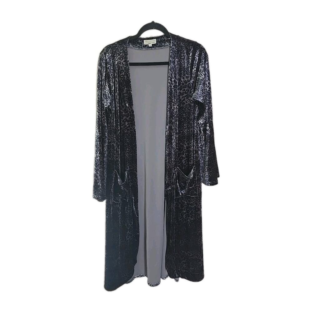 Turquoise Haven Black Leopard Open Front Velvet Cardigan Sweater Womans Size S/M